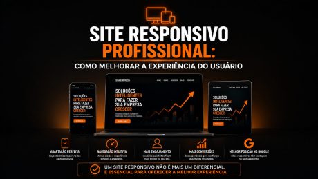 Arte digital em fundo preto e laranja sobre site responsivo profissional. No centro, aparece o texto “Como melhorar a experiência do usuário”. A imagem mostra um site exibido em notebook, celular e tablet, destacando adaptação para diferentes dispositivos, navegação intuitiva, mais engajamento, mais conversões e melhor posição no Google.