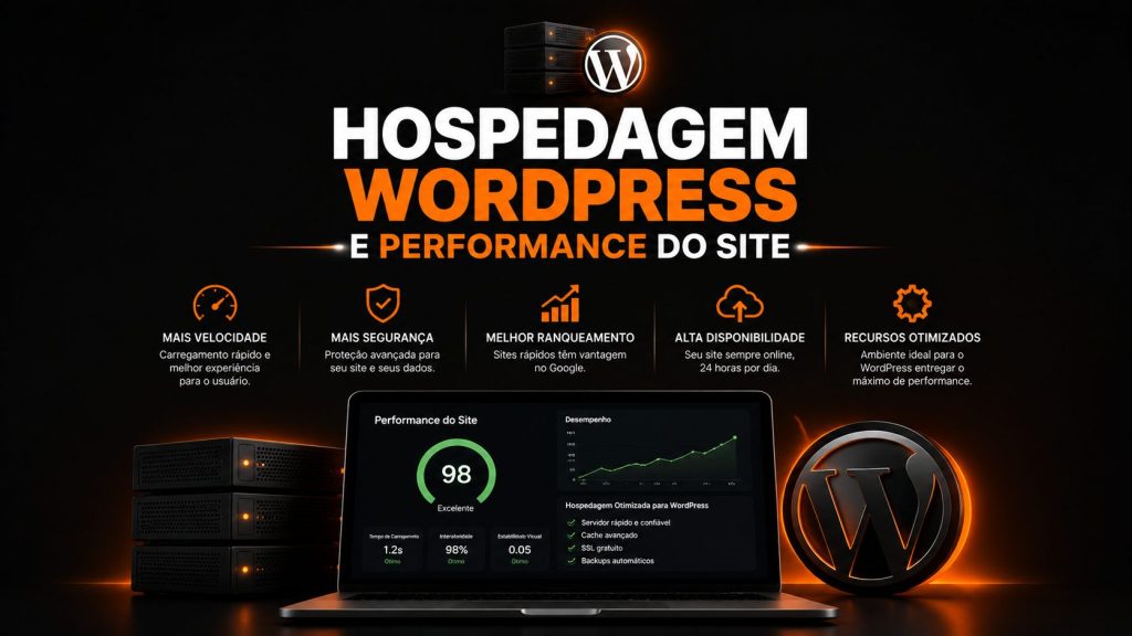 Arte digital em fundo preto e laranja sobre hospedagem WordPress e performance do site. No centro, aparece o texto “Hospedagem WordPress e performance do site”. A imagem mostra servidores, notebook com painel de desempenho, ícone do WordPress e benefícios como mais velocidade, mais segurança, melhor ranqueamento, alta disponibilidade e recursos otimizados.