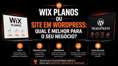 Arte publicitária comparando “Wix Planos” e “Site em WordPress”. No centro, o título pergunta qual é a melhor opção para o negócio. À esquerda, o Wix aparece com foco em planos e custo, representado por um laptop com interface simplificada. À direita, o WordPress é apresentado como uma solução mais completa, com ícones de desempenho, SEO, segurança e escalabilidade. A composição destaca diferenças como custo, personalização, performance, SEO e crescimento do site.