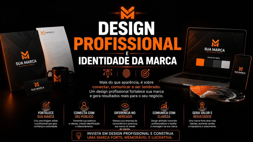 Arte publicitária sobre “Design Profissional e Identidade da Marca”. A peça mostra elementos de branding como papel timbrado, cartão, caneca e notebook com identidade visual consistente. O texto central destaca a importância de um design profissional para fortalecer marca, gerar autoridade e criar conexão com o público. Também apresenta benefícios como diferenciação no mercado, comunicação clara, fortalecimento da marca e geração de resultados.