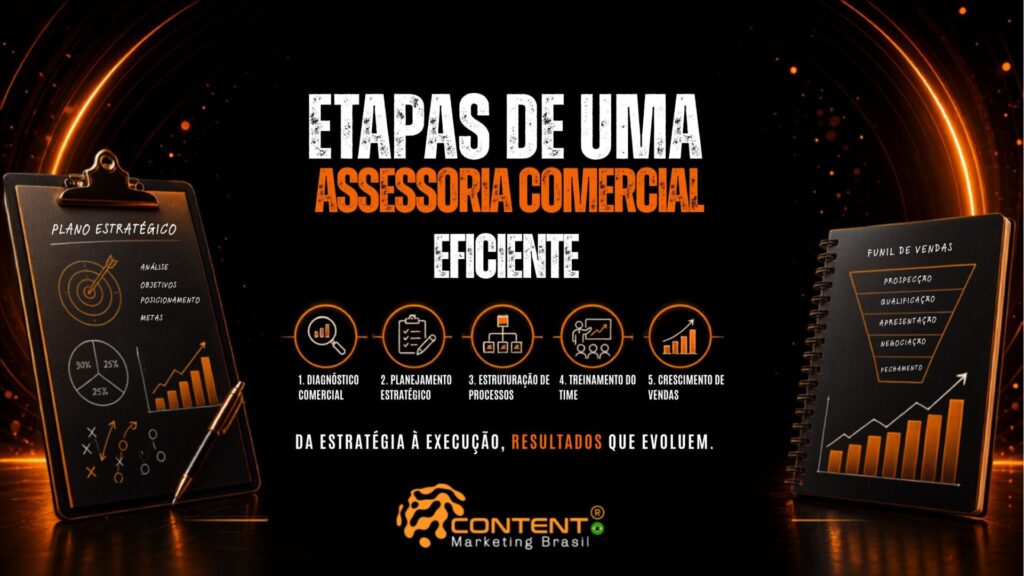 Arte com fundo preto e detalhes em laranja mostrando as cinco etapas de uma assessoria comercial: diagnóstico, planejamento, estruturação de processos, treinamento da equipe e crescimento das vendas. Há ilustrações de uma prancheta com plano estratégico e um caderno com funil de vendas.
