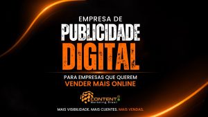 Criativo de marketing para empresas que querem vender mais online, com design escuro e elementos em laranja vibrante. O texto principal diz “Empresa de publicidade digital para empresas que querem vender mais online”. Abaixo, há uma linha estratégica com quatro pilares: estratégia que conecta, tráfego que qualifica, campanhas que convertem e resultados que multiplicam. O layout inclui ícones de crescimento, megafone e carrinho de compras, reforçando vendas e escalabilidade digital. A mensagem final destaca: “Mais visibilidade. Mais clientes. Mais vendas.”