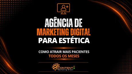Arte institucional sobre “Agência de marketing digital para estética”, posicionando o serviço como solução para atração constante de pacientes. O layout mantém estilo moderno e escuro com destaques em laranja, ícones de estratégia, crescimento e relacionamento com clientes. A comunicação enfatiza visibilidade no mercado, estratégias personalizadas, aumento de pacientes e geração de resultados contínuos. O conceito central reforça que uma agência especializada pode estruturar ações para garantir crescimento mensal e posicionamento forte para clínicas de estética.