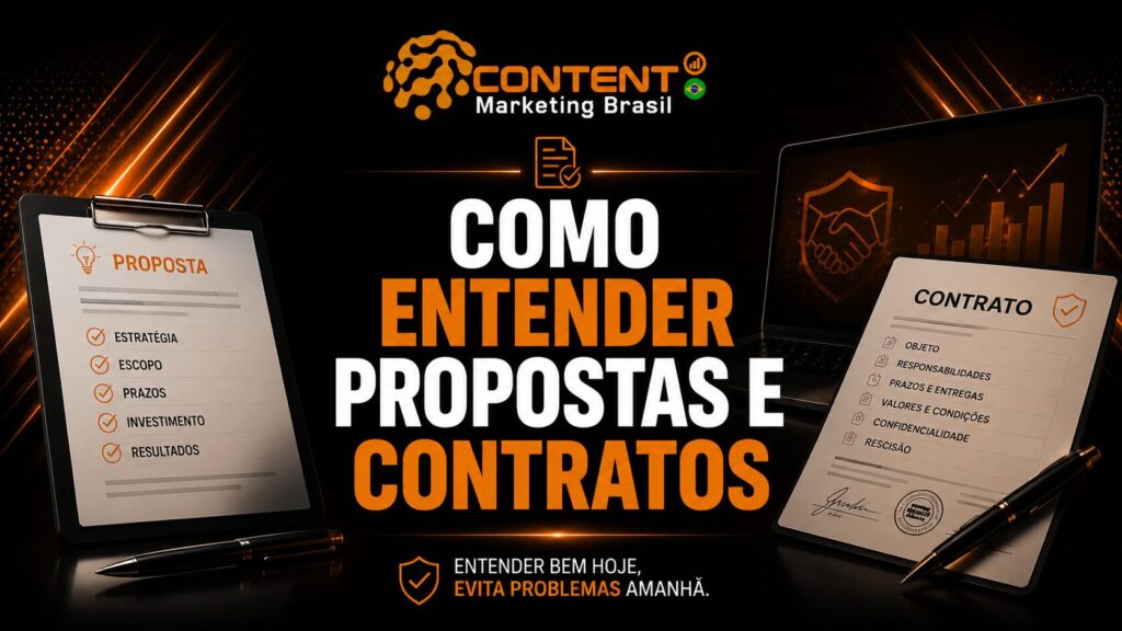 A imagem apresenta um material educativo da Content Marketing Brasil sobre a importância de compreender propostas comerciais e contratos antes da contratação de serviços. No centro, o título "Como entender propostas e contratos" é destacado em branco e laranja, acompanhado da mensagem: "Entender bem hoje, evita problemas amanhã."