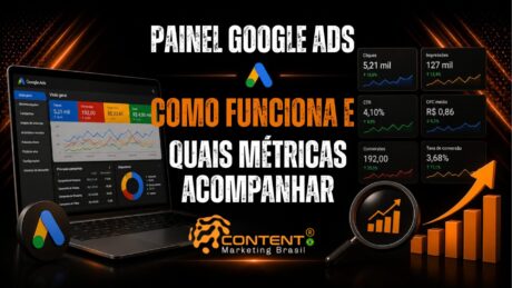 Banner em fundo preto e laranja com o texto principal “Painel Google Ads” no topo e a frase central “Como funciona e quais métricas acompanhar” em letras grandes, destacando também o logotipo do Google Ads, um notebook com painel de desempenho, cards com métricas como cliques, impressões, CTR, CPC médio, conversões e taxa de conversão, além de ícones de gráfico de crescimento e lupa.