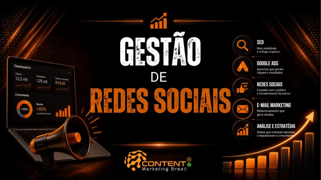 Banner em fundo preto e laranja com o mesmo tema, trazendo “Serviços de marketing digital” no topo e “Quais são e como ajudam sua empresa a crescer” em destaque no centro, com elementos visuais de resultado, como notebook com métricas, megafone, gráfico de alta e a coluna lateral com os serviços digitais e suas descrições, além do logotipo da Content Marketing Brasil.
