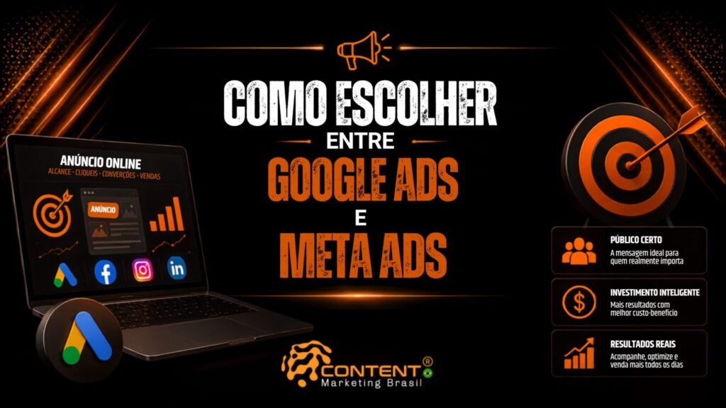 Banner em fundo preto e laranja com o mesmo tema, trazendo “Como fazer anúncios online” em letras grandes e a frase “guia prático para divulgar sua empresa e vender mais” em posição central, com notebook exibindo um painel de anúncio online, alvo com dardo, gráfico de crescimento, megafone e destaques laterais sobre público certo, investimento inteligente e resultados reais, além do logotipo da Content Marketing Brasil.