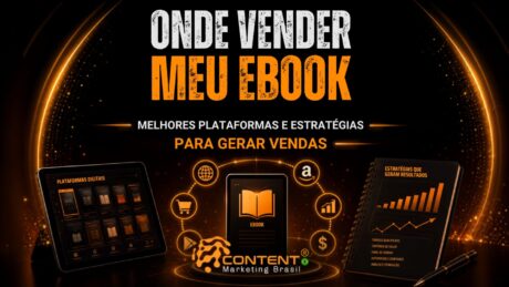 Arte em tons de preto e laranja com o título "Onde vender meu e-book". No centro, um ícone de e-book conectado a símbolos de marketplace, internet, vendas e pagamentos. À esquerda aparece um tablet com plataformas digitais e, à direita, um caderno com gráficos e indicadores de resultados, reforçando o tema de estratégias para gerar vendas.