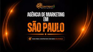 A imagem funciona como capa de um conteúdo da Content Marketing Brasil, com fundo preto e detalhes em laranja que remetem à identidade visual da marca. No centro, destaca-se o título "Agência de Marketing em São Paulo", em tipografia de grande impacto, seguido da chamada "Guia para contratar com mais segurança".