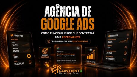 Arte em preto e laranja com o título "Agência de Google Ads". No centro, uma ilustração de anúncio patrocinado é acompanhada por ícones de clique qualificado e crescimento de resultados. À esquerda, um painel mostra indicadores de tráfego pago e, à direita, um notebook apresenta métricas de conversão, destacando a importância de uma gestão especializada para campanhas de Google Ads.