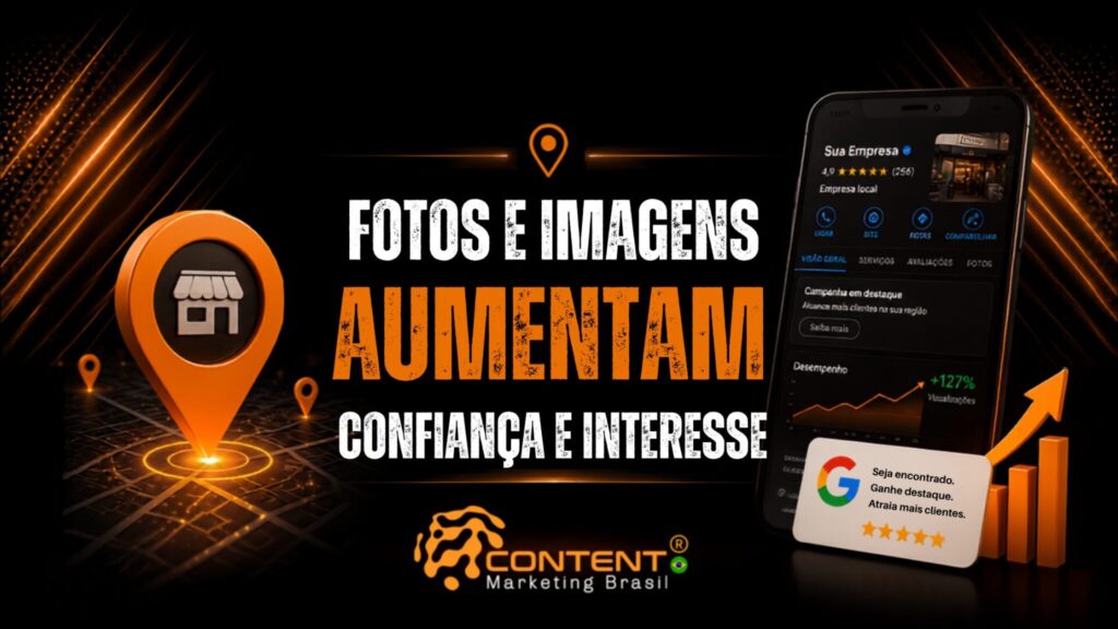 Fotos e imagens aumentam confiança e interesse Arte com fundo preto e detalhes em laranja. À esquerda, um marcador de localização sobre um mapa representa negócios locais. No centro, o destaque é a mensagem sobre a importância de fotos e imagens para aumentar a confiança. À direita, um smartphone exibe o perfil de uma empresa no Google com indicadores de desempenho e crescimento.