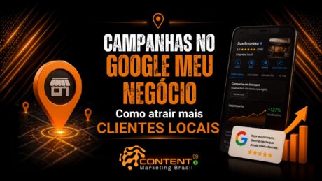 Arte em preto e laranja com o título "Campanhas no Google Meu Negócio". À esquerda, um ícone de localização representa um estabelecimento local. À direita, um smartphone mostra o perfil da empresa no Google, acompanhado de um gráfico de crescimento e um cartão de destaque da plataforma, reforçando o objetivo de atrair mais clientes locais.