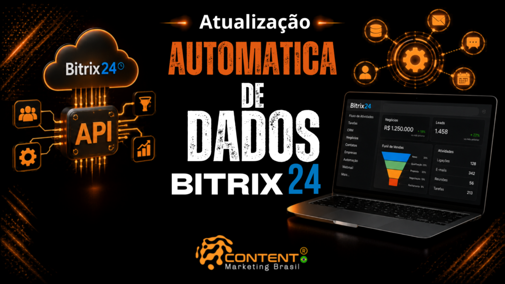 Banner em fundo preto e laranja com o título “Atualização automática de dados Bitrix24”. A imagem mostra, à esquerda, a nuvem do Bitrix24 ligada a um módulo “API”, com ícones de integração e automação; à direita, há um notebook exibindo indicadores de negócios, leads, funil de vendas, ligações, e-mails, reuniões e tarefas. O logotipo da Content Marketing Brasil está na parte inferior