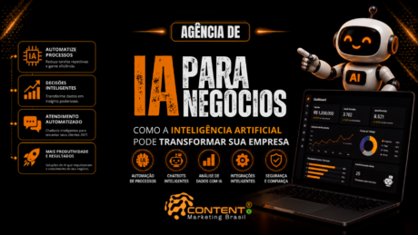 Banner em fundo preto e laranja com o título “Agência de IA para negócios” e a frase “como a inteligência artificial pode transformar sua empresa”. Na parte inferior, aparecem os recursos “automação de processos”, “chatbots inteligentes”, “análise de dados com IA”, “integrações inteligentes” e “segurança e confiança”. A imagem também mostra um robô de IA, um notebook com painel de dados e o logotipo da Content Marketing Brasil.