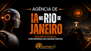 Banner em fundo preto e laranja com o título “Agência de IA no Rio de Janeiro” e as frases “inteligência artificial para empresas que querem crescer”. A composição mostra um robô humanoide à esquerda, um cérebro digital identificado como “IA” à direita e o Cristo Redentor iluminado ao fundo, destacando a conexão entre tecnologia, cidade e crescimento empresarial.