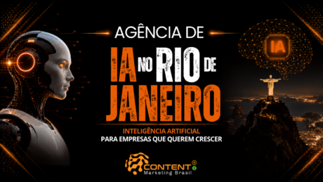 Banner em fundo preto e laranja com o título “Agência de IA no Rio de Janeiro” e as frases “inteligência artificial para empresas que querem crescer”. A composição mostra um robô humanoide à esquerda, um cérebro digital identificado como “IA” à direita e o Cristo Redentor iluminado ao fundo, destacando a conexão entre tecnologia, cidade e crescimento empresarial.