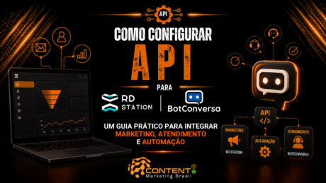 Banner em fundo preto e laranja com o título “Como configurar API para RD Station e BotConversa” e a frase “um guia prático para integrar marketing, atendimento e automação”. A composição mostra um notebook com painel de dados, um chatbot e módulos conectados por API, além dos logotipos RD Station e BotConversa e o logotipo da Content Marketing Brasil na parte inferior.