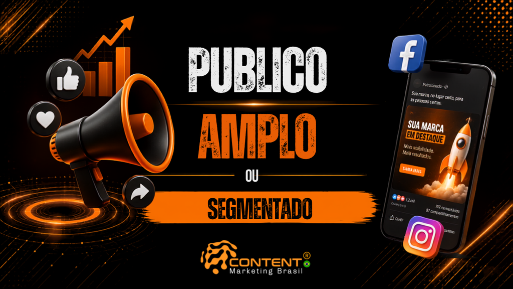 Banner em fundo preto e laranja com o texto “Público amplo ou segmentado”. A imagem mostra um megafone à esquerda, ícones de interação nas redes sociais e um gráfico ascendente; à direita, há um celular com publicação patrocinada e ícones do Facebook e Instagram. O logotipo da Content Marketing Brasil está na parte inferior.