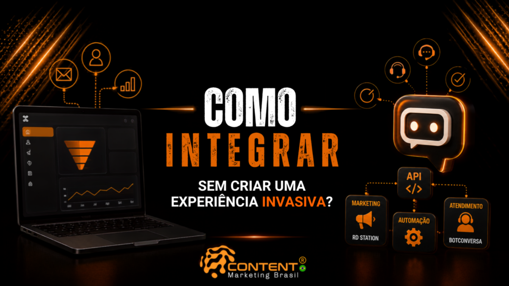Banner em fundo preto e laranja com o texto “Como integrar” em destaque, seguido da frase “sem criar uma experiência invasiva?”. À esquerda, há um notebook com painel de automação e funil de conversão; à direita, um ícone de chatbot conectado a módulos de API, marketing, automação e atendimento com BotConversa.