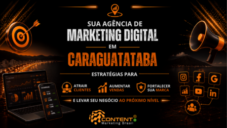 Banner em fundo preto e laranja com o texto “Sua agência de marketing digital em Caraguatatuba” e a frase “estratégias para atrair clientes, aumentar vendas e fortalecer sua marca”. Abaixo, aparecem os destaques “atrair clientes”, “aumentar vendas” e “fortalecer sua marca”, acompanhados de ícones, notebook, celular, megafone, alvo, redes sociais e uma paisagem litorânea noturna.