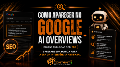 Banner em fundo preto e laranja com o título “Como aparecer no Google AI Overviews” e a frase “domine as buscas com SEO e prepare sua marca para a era da inteligência artificial”. A imagem mostra uma página de resultados do Google com uma visão geral criada por IA, uma lupa com a palavra “SEO”, um robô de inteligência artificial e um painel com informações sobre respostas relevantes, visibilidade da marca e conteúdo estratégico, além do logotipo da Content Marketing Brasil.