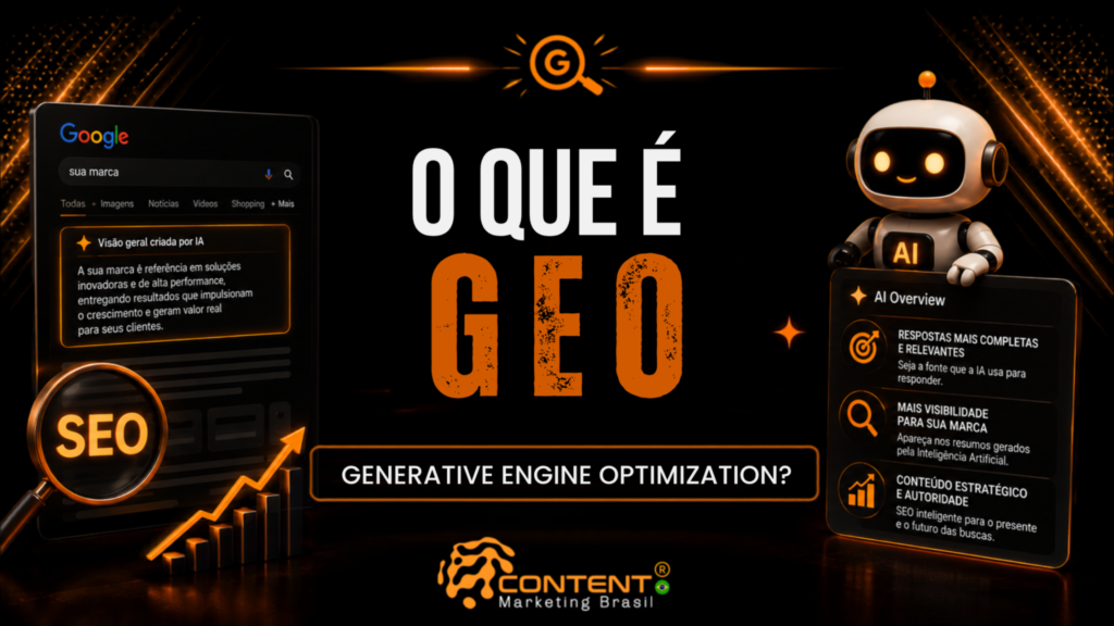 Banner em fundo preto e laranja com o texto “O que é GEO” em destaque e a frase “Generative Engine Optimization?” logo abaixo. À esquerda, aparece uma tela de pesquisa do Google com uma visão geral criada por IA, acompanhada de uma lupa com a palavra “SEO” e um gráfico de crescimento. À direita, há um robô com a identificação “AI” e um painel com os tópicos “respostas mais completas e relevantes”, “mais visibilidade para sua marca” e “conteúdo estratégico e autoridade”, além do logotipo da Content Marketing Brasil na parte inferior.