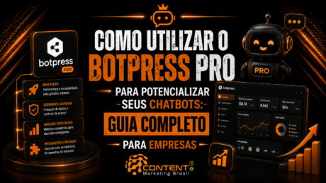 Banner em fundo preto e laranja com o texto “Como utilizar o Botpress Pro para potencializar seus chatbots: guia completo para empresas” em destaque, trazendo a marca Botpress Pro, um robô com visual amigável, um painel com dados de conversas, métricas e integrações, além de recursos como segurança, análises e escalabilidade na lateral.
