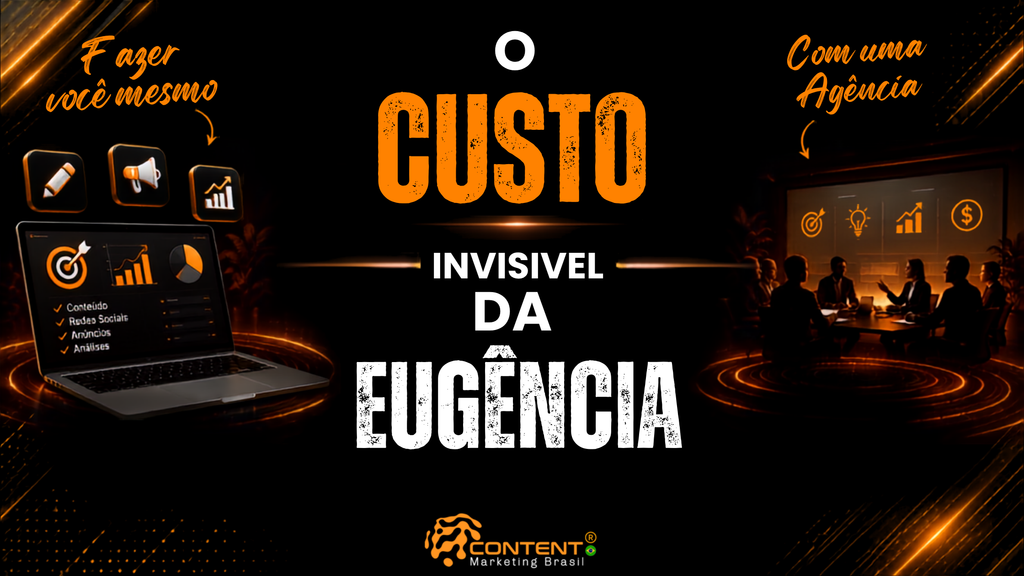 Banner em fundo preto e laranja com o texto “O custo invisível da Eugência”. A imagem contrapõe as frases “Fazer você mesmo” e “Com uma agência”, com setas direcionadas para um notebook com indicadores de marketing à esquerda e uma reunião de profissionais à direita. O logotipo da Content Marketing Brasil aparece na parte inferior.