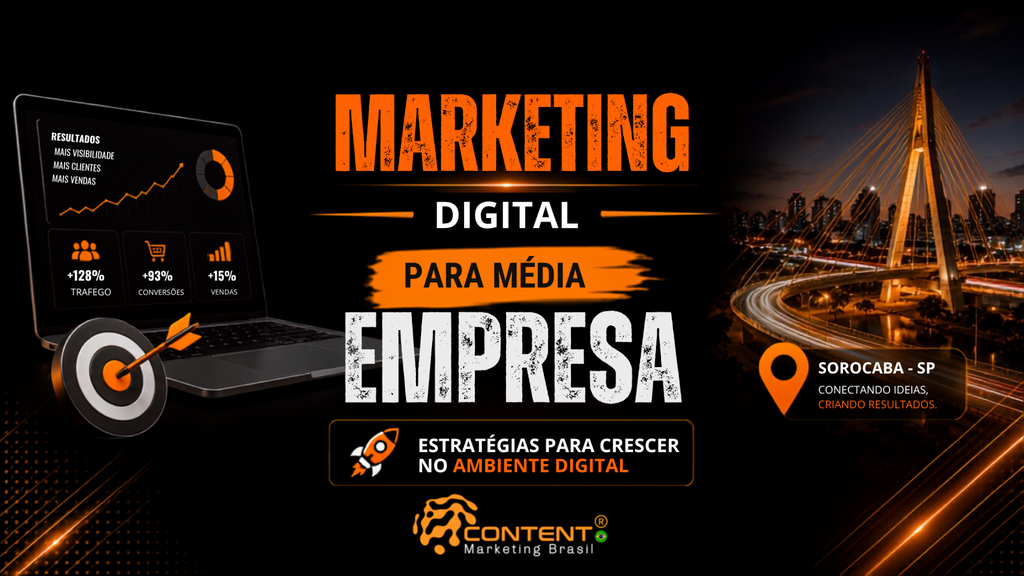 Banner em fundo preto e laranja com o título “Agência de marketing digital em Sorocaba” e a frase “que transforma negócios”. A imagem apresenta uma paisagem noturna da Ponte Estaiada de Sorocaba, um notebook com gráficos e indicadores de resultados, um alvo com flecha e os dados “mais visibilidade, mais clientes, mais vendas”. Também aparecem os dizeres “Sorocaba - SP”, “conectando ideias, criando resultados” e “estratégias para crescer no ambiente digital”.