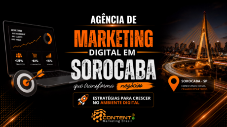 Banner em fundo preto e laranja com o texto “Marketing digital para média empresa”. À esquerda, há um notebook com indicadores de tráfego, conversões e vendas, acompanhado de um alvo; à direita, aparece a Ponte Estaiada de Sorocaba à noite. A imagem inclui as frases “Sorocaba - SP”, “conectando ideias, criando resultados” e “estratégias para crescer no ambiente digital”, além do logotipo da Content Marketing Brasil.
