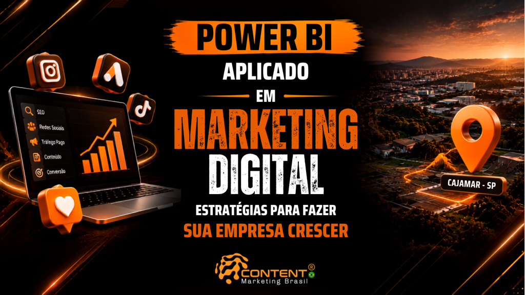 Banner em fundo preto e laranja com o texto “Marketing digital para média empresa”. À esquerda, há um notebook com indicadores de tráfego, conversões e vendas, acompanhado de um alvo; à direita, aparece a Ponte Estaiada de Sorocaba à noite. A imagem inclui as frases “Sorocaba - SP”, “conectando ideias, criando resultados” e “estratégias para crescer no ambiente digital”, além do logotipo da Content Marketing Brasil.