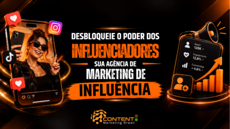 Banner em fundo preto e laranja com o texto “Desbloqueie o poder dos influenciadores: sua agência de marketing de influência”. À esquerda, um celular exibe uma mulher tirando uma selfie, cercada por ícones do Instagram, TikTok e notificações de curtidas. À direita, há um painel com métricas de alcance, engajamento e conversões, megafone, gráfico de crescimento e ícone de novos seguidores. O logotipo da Content Marketing Brasil aparece na parte inferior.