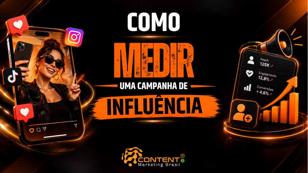 Banner em fundo preto e laranja com o título “Como medir uma campanha de influência”. A imagem mostra uma mulher em uma publicação para redes sociais, ícones do Instagram e TikTok, reações de curtidas e um painel com métricas de alcance, engajamento e conversões. Também aparecem um megafone, um gráfico de crescimento e o logotipo da Content Marketing Brasil.