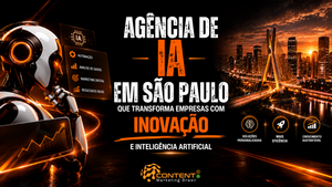 Banner em fundo preto e laranja com o título “Agência de IA em São Paulo que transforma empresas com inovação e inteligência artificial”. À esquerda, aparece um robô humanoide diante de painéis com os termos “automação”, “análise de dados”, “marketing digital” e “resultados reais”. À direita, há uma paisagem noturna da cidade de São Paulo com a Ponte Estaiada iluminada. Na parte inferior, surgem os destaques “soluções personalizadas”, “mais eficiência” e “crescimento sustentável”, além do logotipo da Content Marketing Brasil.