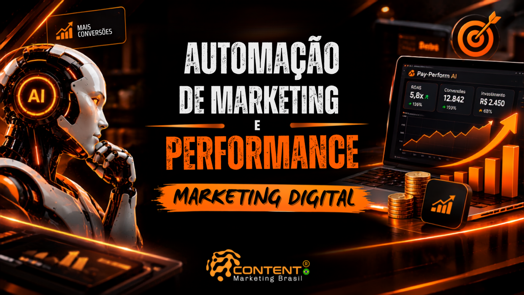 Banner em fundo preto e laranja com o texto “Automação de marketing e performance: marketing digital”. A imagem mostra um robô humanoide com identificação “AI”, um monitor com painel de desempenho, gráfico ascendente, barras de crescimento, moedas empilhadas e ícones de conversão e metas. O logotipo da Content Marketing Brasil está na parte inferior.