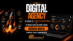 Banner em fundo preto e laranja com o título “Digital Agency” e o texto “o que é, como funciona e como escolher uma agência digital para sua empresa”. À esquerda, um foguete decola cercado por ícones de estratégia, design, tráfego pago, mídias sociais, conteúdo e análise de dados. À direita, um notebook mostra métricas de crescimento de tráfego, leads gerados, taxa de conversão e ROI de campanhas. O logotipo da Content Marketing Brasil aparece na parte inferior.