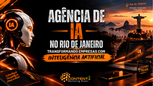 Banner em preto e laranja com o título “Agência de IA no Rio de Janeiro: transformando empresas com inteligência artificial”. À esquerda, há um robô humanoide com a sigla “IA” iluminada na lateral da cabeça; à direita, aparece uma paisagem do Rio de Janeiro ao pôr do sol, com o Cristo Redentor, montanhas e a baía. Um notebook exibe gráficos e a identificação “IA”, enquanto a arte inclui as frases “inovação, tecnologia, resultados”, “estratégia, tecnologia, crescimento” e “o futuro é agora”. O logotipo da Content Marketing Brasil está na parte inferior.