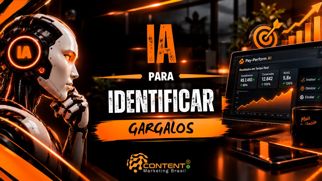 Banner em preto e laranja com o texto “IA para identificar gargalos”. A imagem apresenta um robô humanoide à esquerda e, à direita, um notebook com painel Pay-Perform AI, gráficos de desempenho e métricas de investimento, conversões e ROAS. A composição inclui um alvo, barras em crescimento, celular e caneca com a frase “Mais eficiência”, além do logotipo da Content Marketing Brasil.