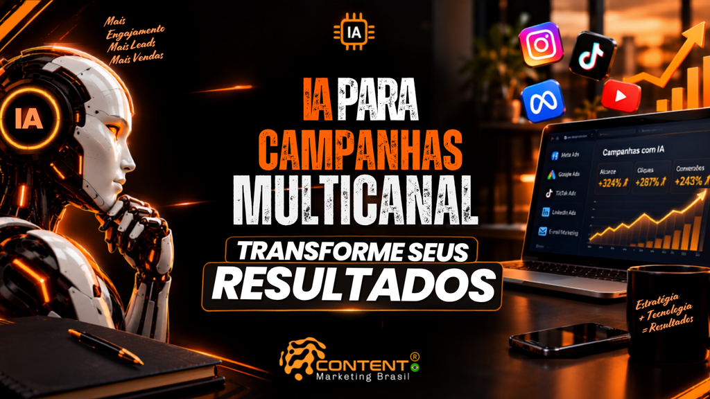 Banner em preto e laranja com o texto “IA para campanhas multicanal: transforme seus resultados”. A imagem mostra um robô humanoide à esquerda, um notebook com painel de campanhas, métricas e gráfico ascendente à direita, além de ícones do Instagram, TikTok, Meta e YouTube. Também aparecem a frase “mais engajamento, mais leads, mais vendas” e o logotipo da Content Marketing Brasil.