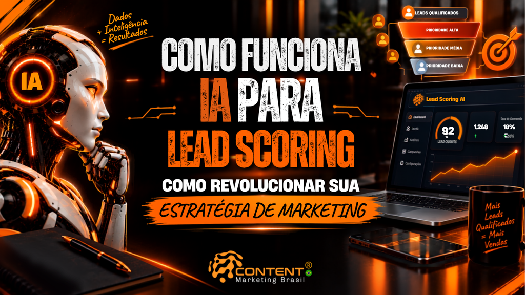 Banner em preto e laranja com o texto “IA para lead scoring: como revolucionar sua estratégia de marketing”. A imagem apresenta um robô humanoide à esquerda e um painel de lead scoring à direita, com uma lista de leads qualificados por prioridade, pontuação de lead, conversões e gráfico ascendente. Uma caneca traz a frase “Mais leads qualificados = mais vendas”, e o logotipo da Content Marketing Brasil aparece na parte inferior.
