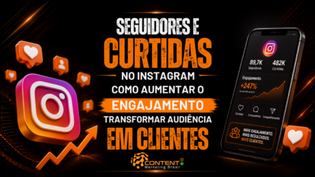 Banner em fundo preto e laranja com o título “Seguidores e curtidas no Instagram” e a frase “como aumentar o engajamento, transformar audiência em clientes”. À esquerda, aparece o ícone do Instagram em destaque, cercado por balões de curtida e uma seta de crescimento. À direita, um celular mostra métricas como 89,7 mil seguidores, 482 mil curtidas e engajamento de 247%, além da mensagem “Mais engajamento, mais resultados, mais clientes”. O logotipo da Content Marketing Brasil aparece na parte inferior.