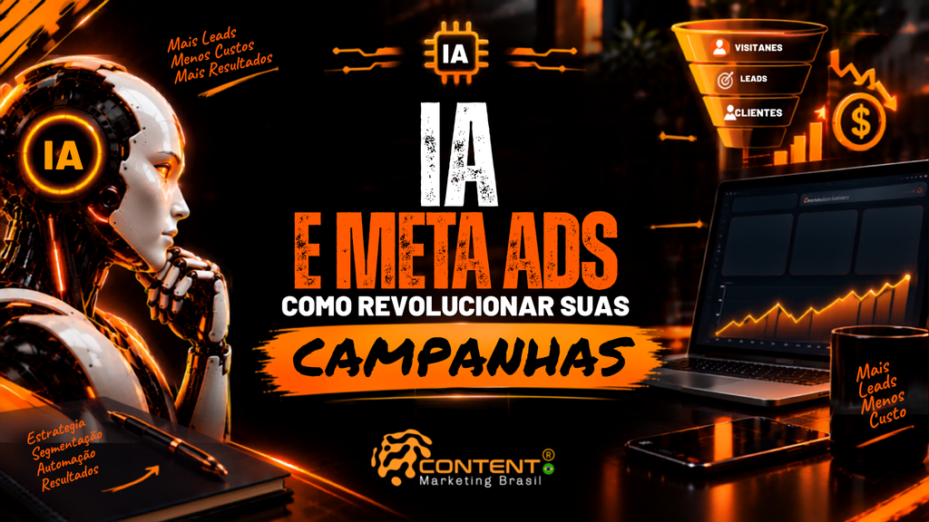 Banner com o tema “IA e Meta Ads: como revolucionar suas campanhas”. A composição apresenta um robô com identificação “IA”, um funil de conversão, gráfico de desempenho e elementos relacionados à geração de leads e redução de custos. A mensagem principal reforça a obtenção de mais leads com menor investimento, enquanto o logotipo da Content Marketing Brasil aparece na parte inferior.