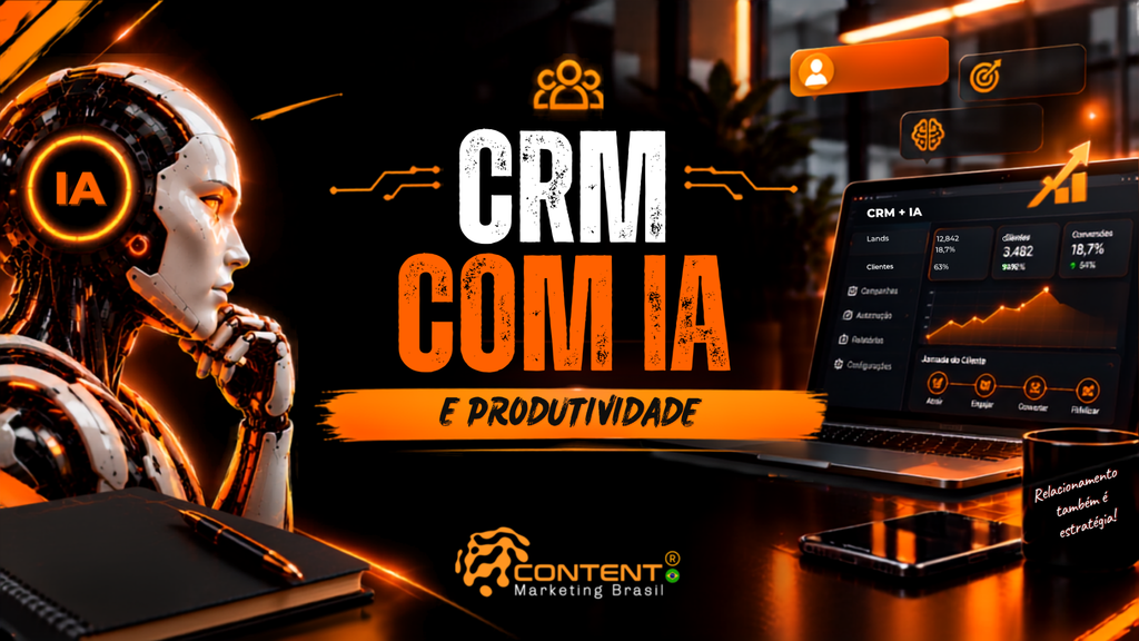 Banner em preto e laranja com o título “CRM com IA e produtividade”. À esquerda, há um robô humanoide identificado como “IA”. À direita, um notebook apresenta um painel de CRM com indicadores de leads, clientes, conversões, campanhas e jornada do cliente. A composição também inclui ícones de relacionamento, metas e inteligência artificial, além da mensagem “Relacionamento também é estratégico!”. O logotipo da Content Marketing Brasil aparece na parte inferior.