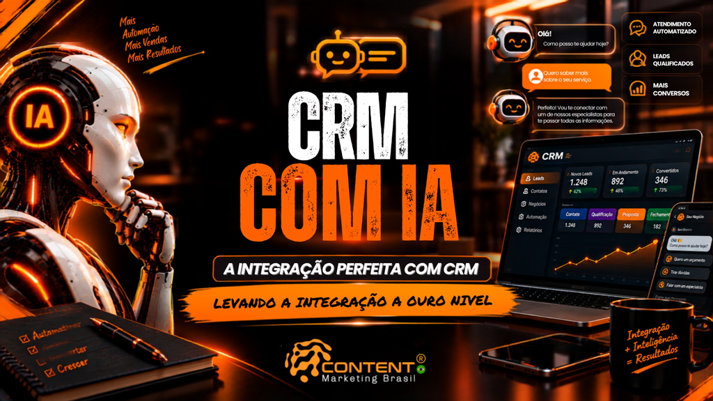 Banner com o tema “Chatbot com IA: a integração perfeita com CRM, levando a integração a outro nível”. A imagem apresenta um robô, mensagens automatizadas, um painel de CRM com indicadores de vendas e um chatbot em smartphone. O conceito visual reforça automação, integração, qualificação de leads, aumento de vendas e resultados para empresas. O logotipo da Content Marketing Brasil aparece na parte inferior.