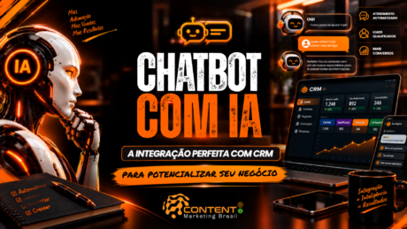 Banner em preto e laranja com o título “Chatbot com IA”. A arte destaca a integração entre chatbot e CRM para potencializar negócios. À esquerda, aparece um robô humanoide com a identificação “IA”. À direita, há conversas automatizadas, um painel de CRM com leads, contatos, negócios, automação e conversões, além de um chatbot em dispositivo móvel. A composição também destaca atendimento automatizado, leads qualificados e mais conversões.
