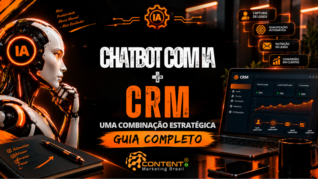 Banner com o tema “Chatbot com IA + CRM: uma combinação estratégica”. A arte apresenta um robô, um painel de CRM com indicadores de desempenho e um fluxo de automação relacionado à captura, qualificação, nutrição e conversão de leads. A composição destaca a integração entre chatbot, inteligência artificial e CRM como estratégia para otimizar processos e gerar resultados.