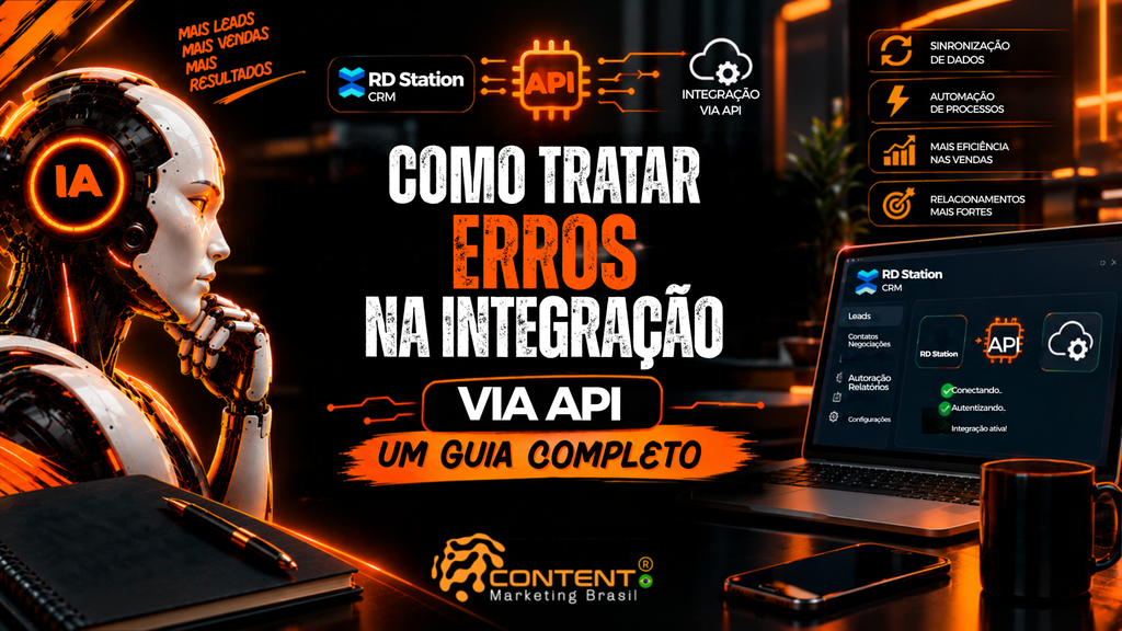Banner em preto e laranja com o título “Como tratar erros na integração via API: um guia completo”. A composição mostra um robô com identificação “IA”, o RD Station CRM, um ícone de API e uma nuvem representando a integração via API. À direita, são destacados sincronização de dados, automação de processos, eficiência nas vendas e relacionamentos mais fortes. Um notebook exibe etapas de conexão, autenticação e integração ativa.