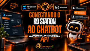 Arte em preto e laranja sobre como conectar o RD Station ao chatbot por API, mostrando um notebook com painel de leads, um robô de atendimento e o fluxo de integração entre as ferramentas.