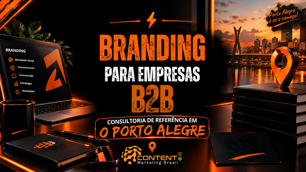 Arte publicitária da Content Marketing Brasil sobre branding para empresas B2B. A composição apresenta um notebook com tópicos de branding, incluindo identidade visual, posicionamento, comunicação, estratégia e resultados. Ao fundo, aparece uma imagem de Porto Alegre ao pôr do sol, acompanhada de um elemento gráfico de localização. O texto central destaca “Branding para Empresas B2B” e “Consultoria de referência em Porto Alegre