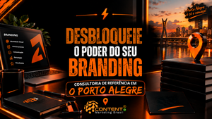 Arte publicitária da Content Marketing Brasil com foco em estratégia de branding para empresas. A imagem apresenta um notebook com elementos relacionados à construção de marca e, ao fundo, uma paisagem urbana de Porto Alegre. No centro, o destaque é a mensagem “Desbloqueie o poder do seu branding”, acompanhada da chamada “Consultoria de referência em Porto Alegre”.